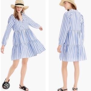 J. Crew Tiered Popover Dress in Striped Poplin Blue White
